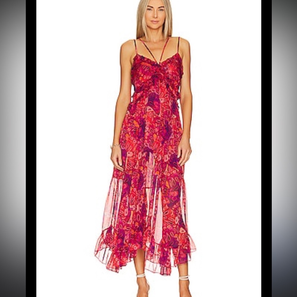 Misa Los Angeles Red and Purple High Low Dress Small